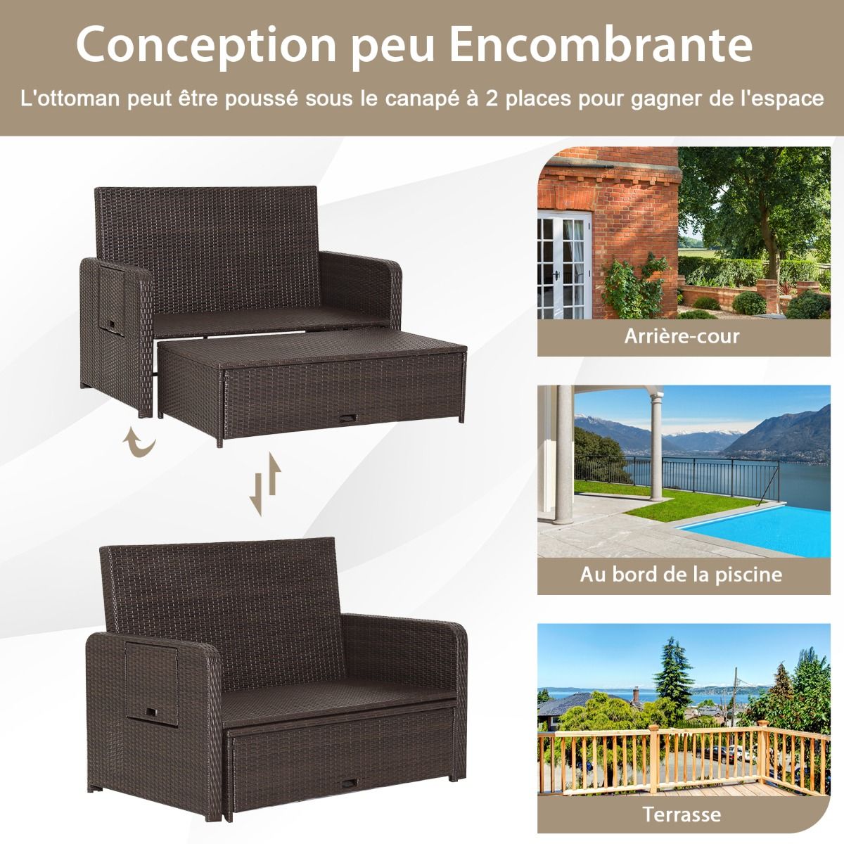 Adjustable Outdoor Garden Furniture with Bed, 2 Places with Hidden Storage, 4-Level Adjustable Backrest in PE Rattan -