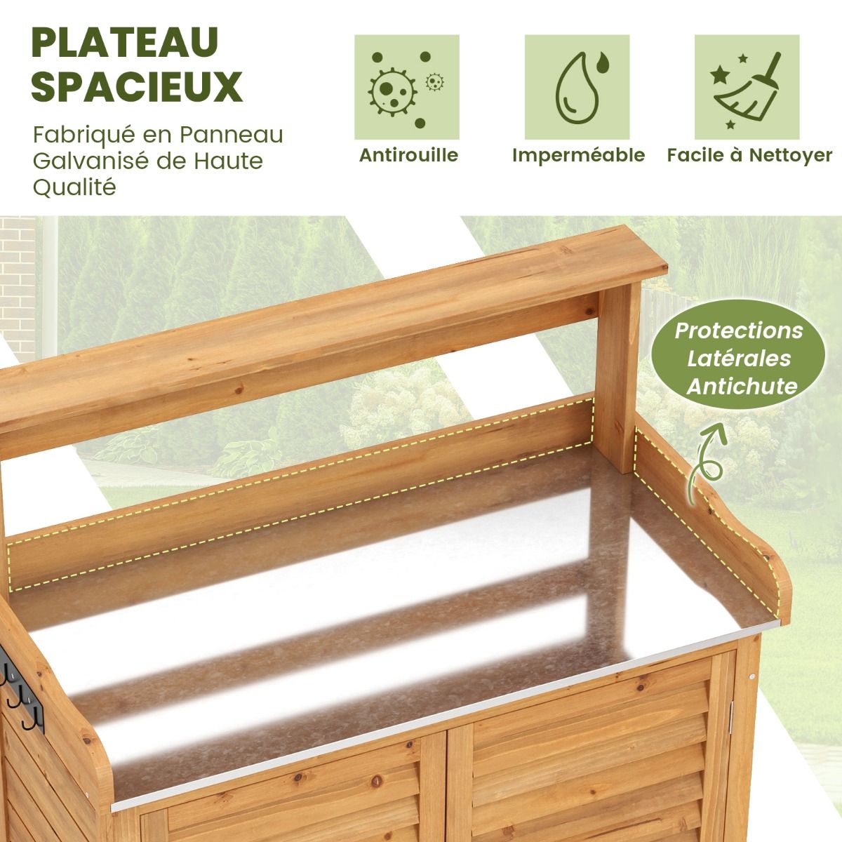 Outdoor Potting Bench Gardening Table with Galvanized Metal Counter 3 Hanging Hooks Removable Shelves Natural -