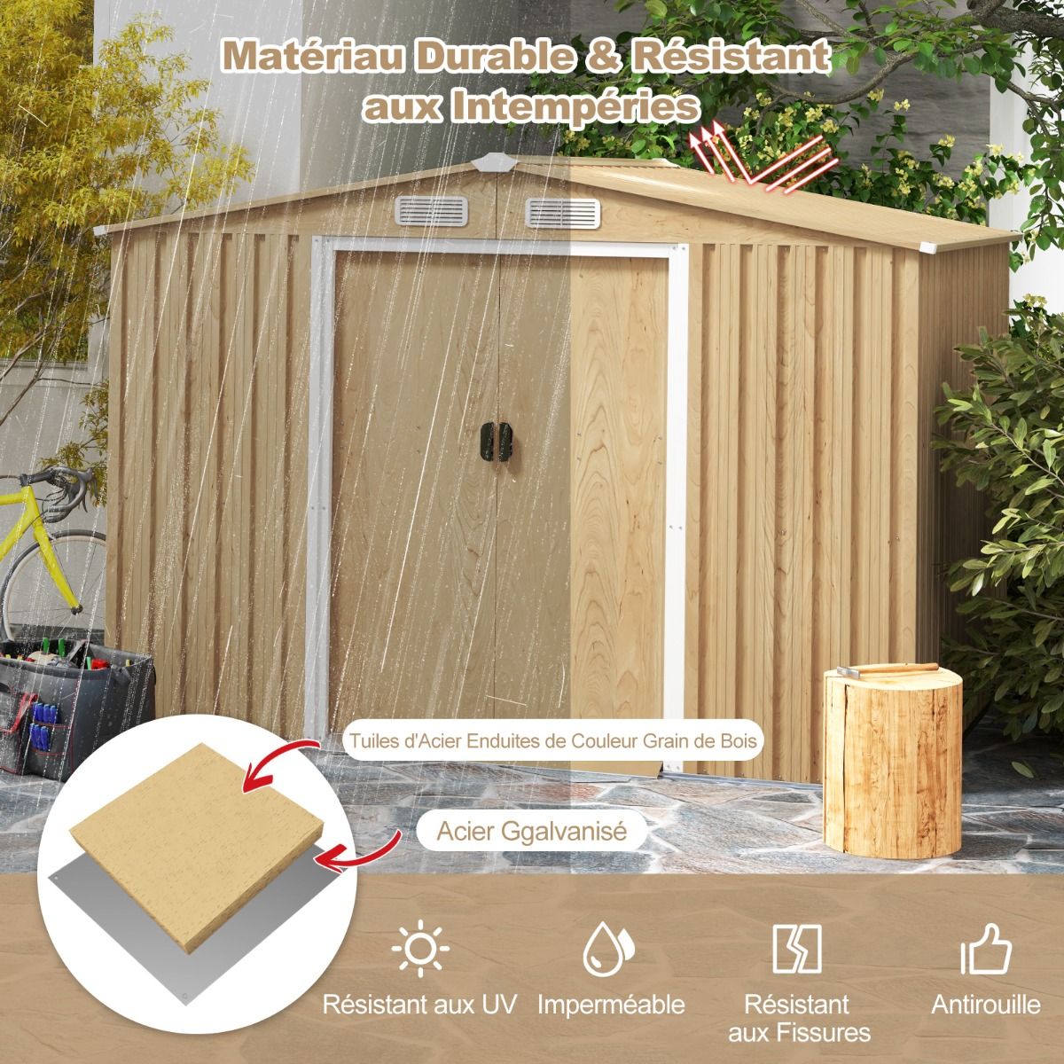 Storage Shed 259cm x196cm with Foundation Base Galvanized Metal Tool House with 4 Vents Waterproof and Windproof Natural -