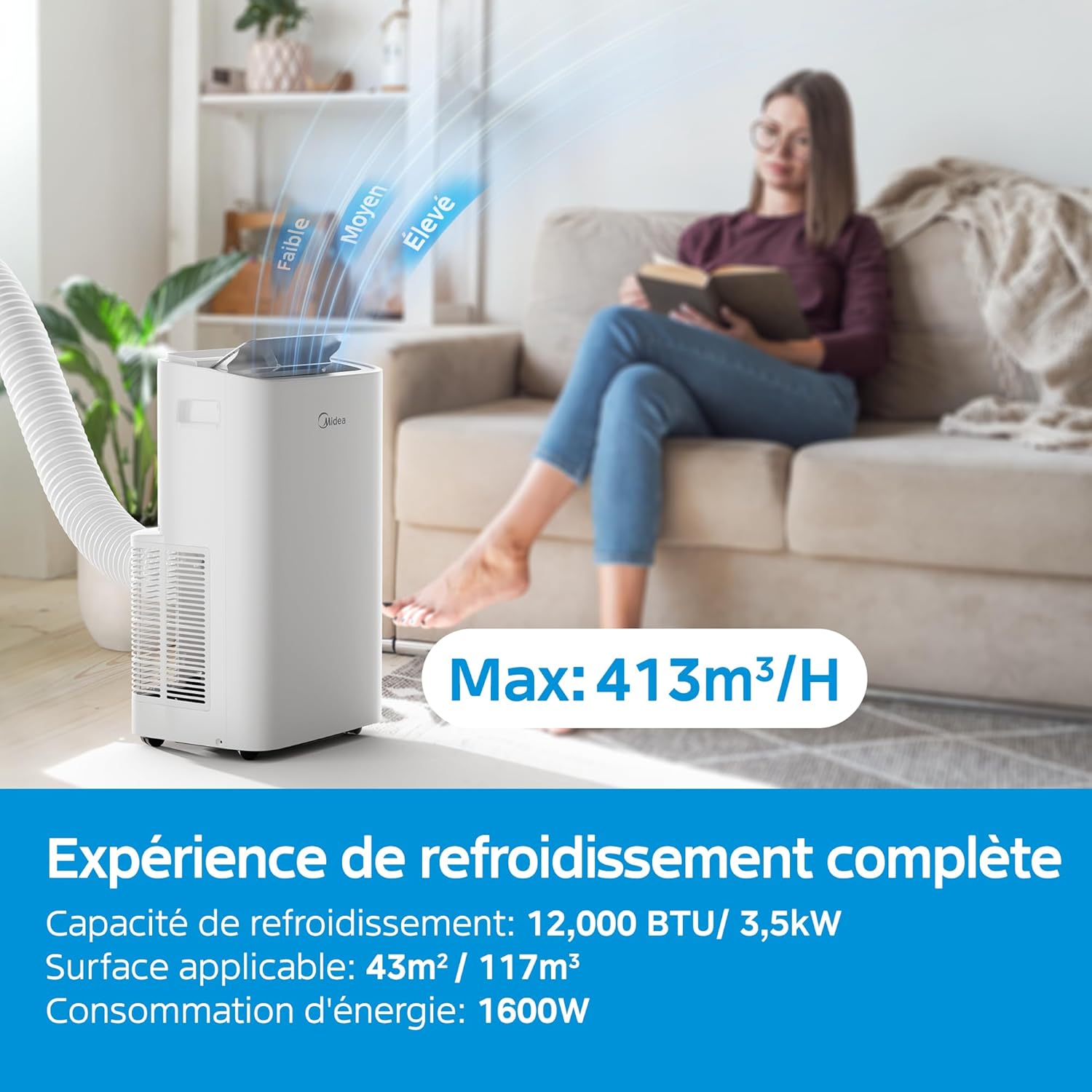 MIDEA Quiet Mobile Air Conditioner 12000 BTU with Exhaust - Ready to Install Portable Air Conditioning 3500W - Mobile Split Reversible Air Conditioner - 4 Modes with Window Kit and App Control