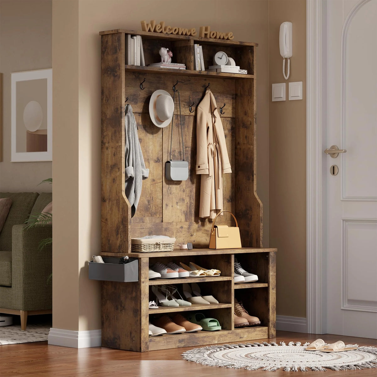 Lofka 5 - in - 1 Hall Tree with Bench and Shoe Storage, Entryway Hall Tree with Coat Rack - Product image 18