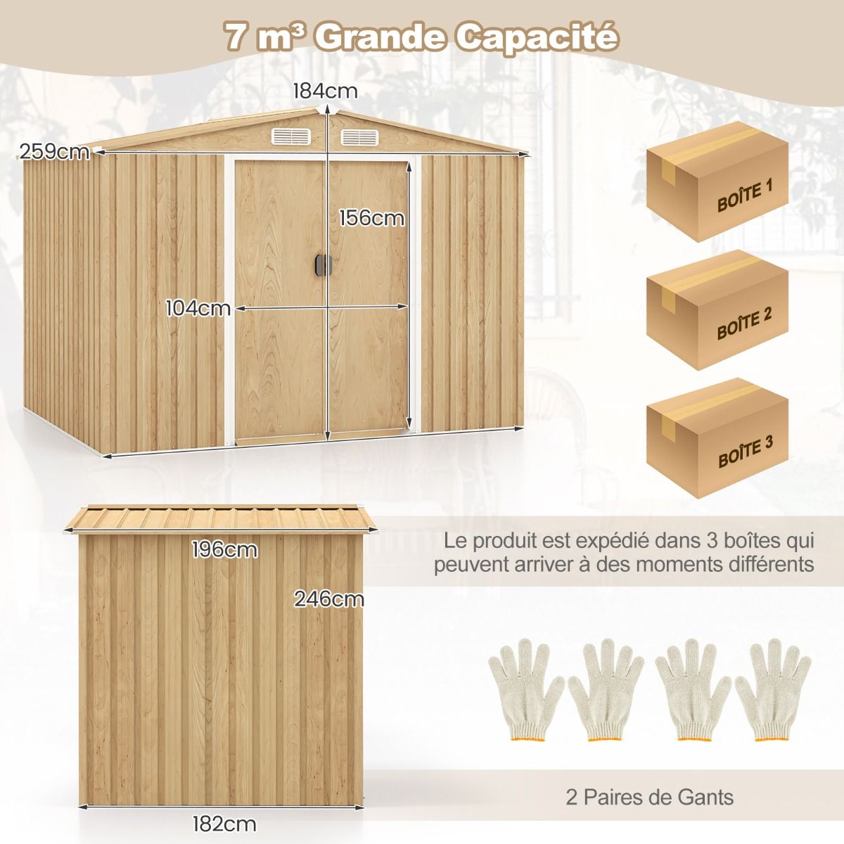 Storage Shed 259cm x196cm with Foundation Base Galvanized Metal Tool House with 4 Vents Waterproof and Windproof Natural -