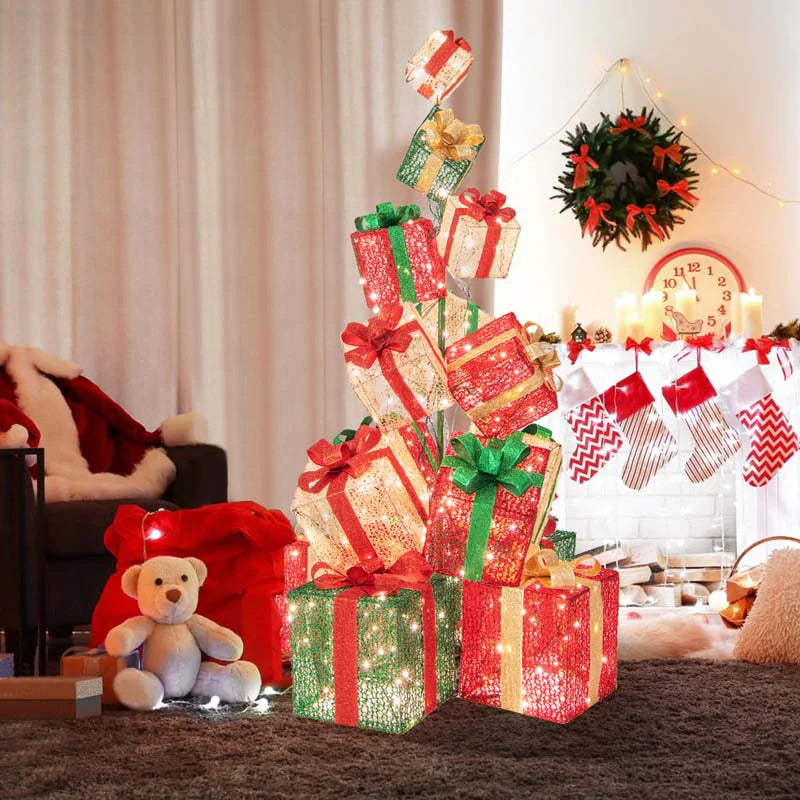 5.6FT Lighted Gift Box Tower, 15 Pre-Lit Stacked Boxes with 450 Warm White Lights, Metal Base & Ribbons - Product image 3