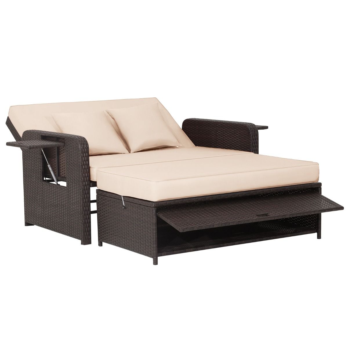 Adjustable Outdoor Garden Furniture with Bed, 2 Places with Hidden Storage, 4-Level Adjustable Backrest in PE Rattan -