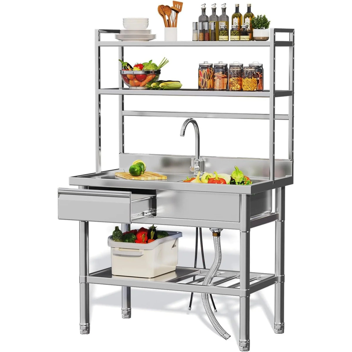 AECOJOY Stainless Steel Utility Sink with Shelves, Free Standing Single Bowl Commercial Kitchen Sinks - Product image 1