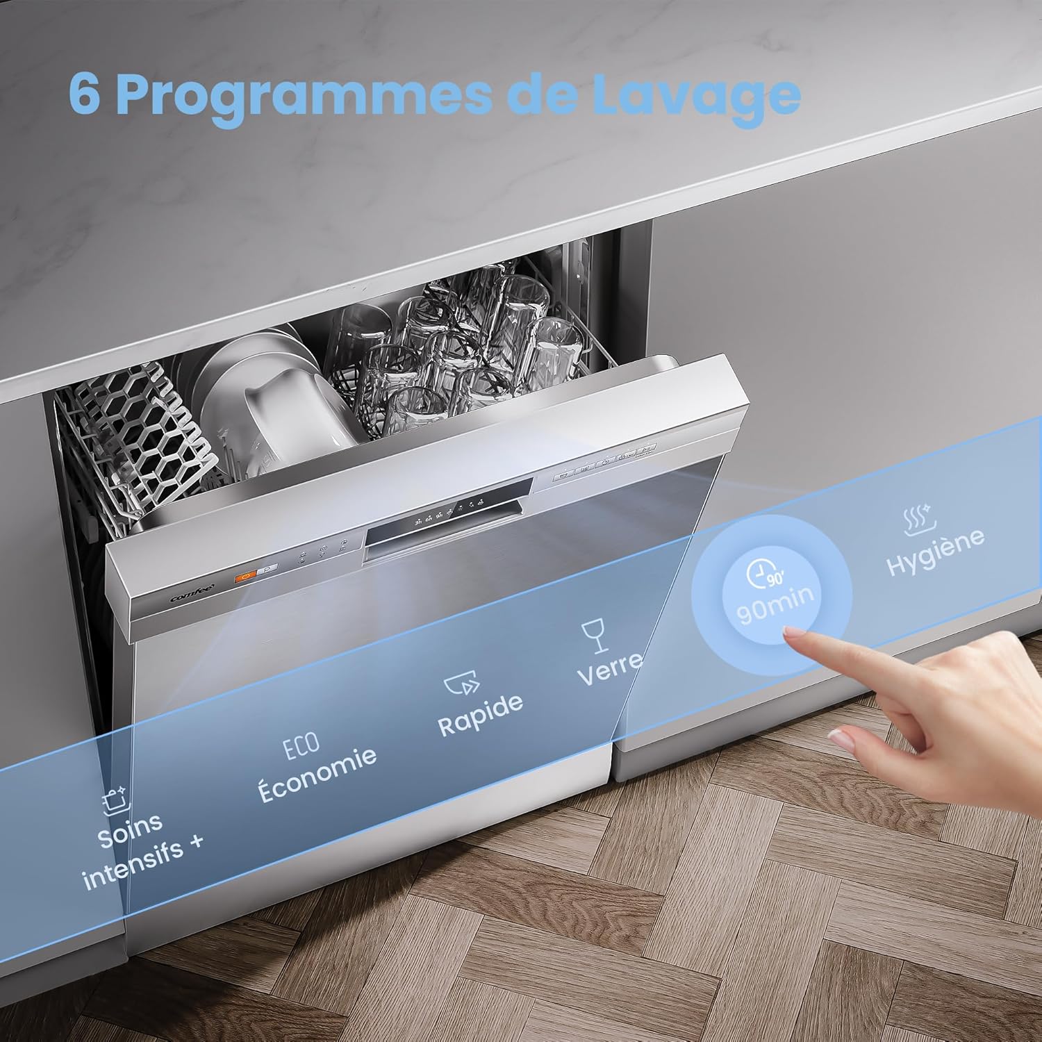 COMFEE' CDWPF1201PS Freestanding Dishwasher, 60 cm, 12 place settings, delayed start, half load function, flexible baskets - Stainless Steel, 49 dB, Button Control