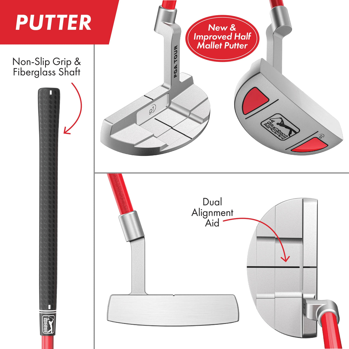 PGA Tour Right - Handed 10 Piece Kids Golf Club Stand Bag Set; Player Height 4'8 - 5'2", Ages 8 - 12