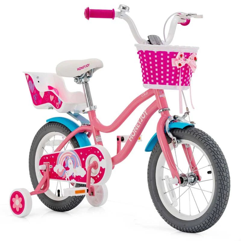 14"/18" Kids Bicycle with Removable Training Wheels, Coaster Brake, Handbrake, Basket & Doll Chair - Product image 1