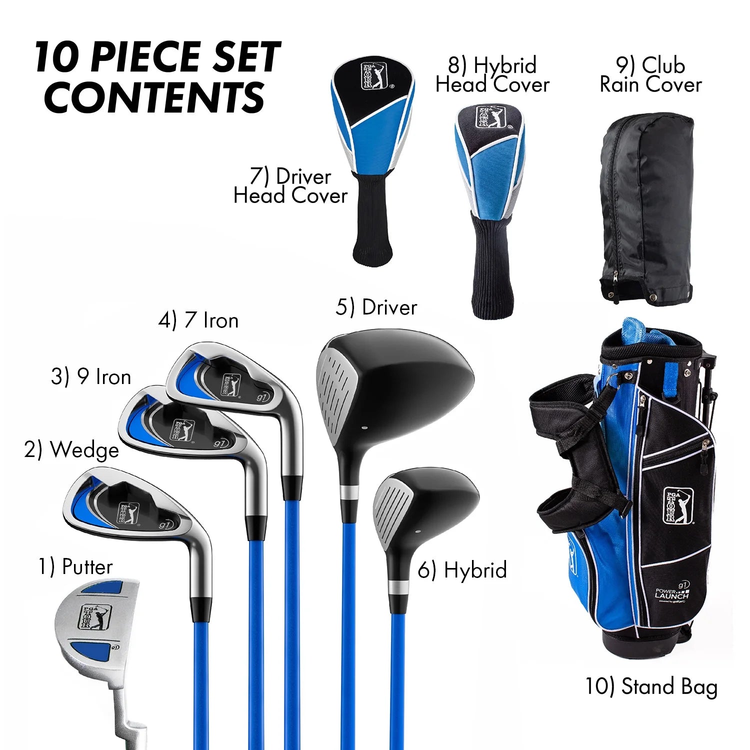 PGA Tour Right - Handed 10 Piece Kids Golf Club Stand Bag Set; Player Height 4'8 - 5'2", Ages 8 - 12