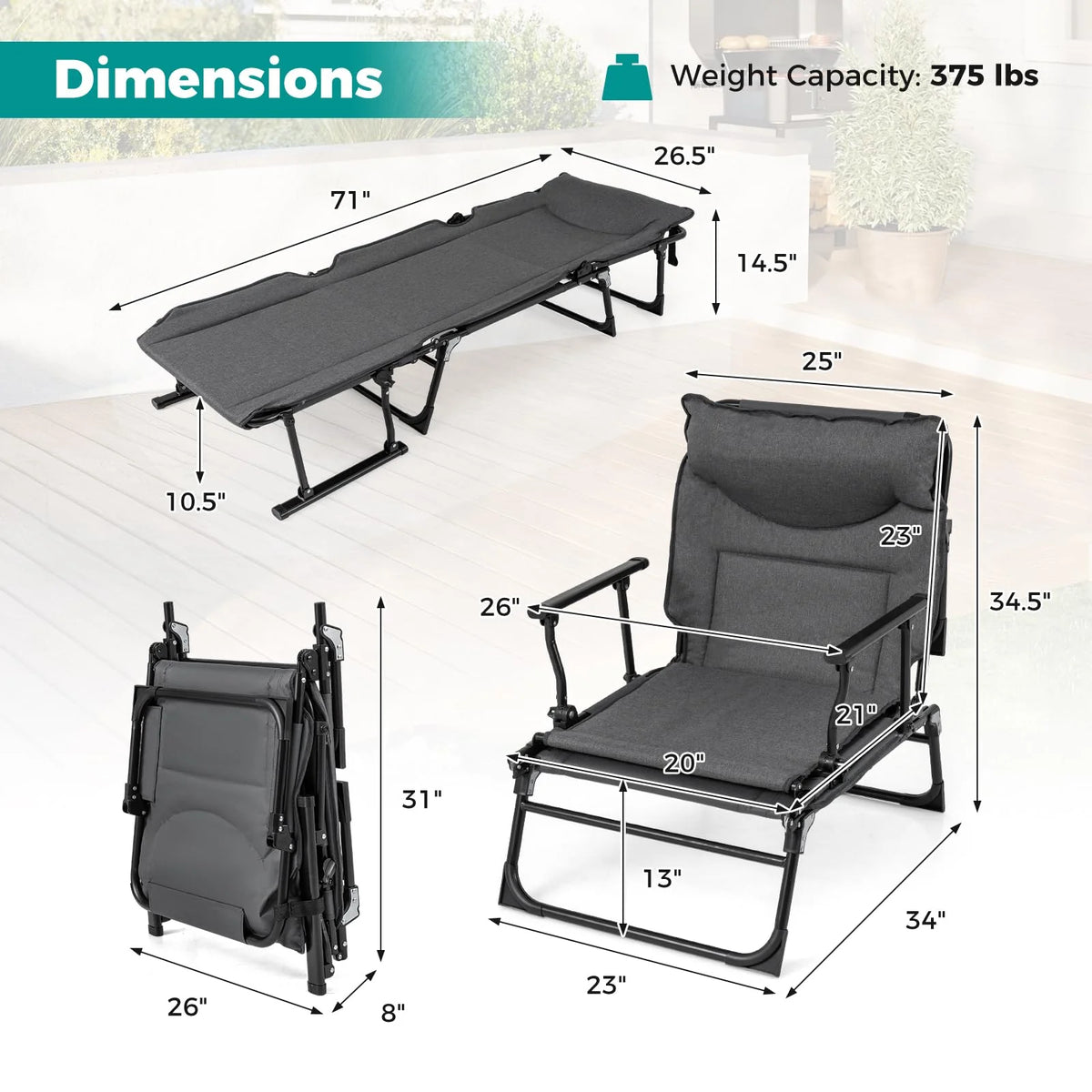 Tangkula 3 in 1 Folding Camping Cot Comfy Padded Convertible Single Sofa Chair - Product image 3