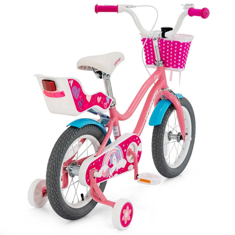 14"/18" Kids Bicycle with Removable Training Wheels, Coaster Brake, Handbrake, Basket & Doll Chair - Product image 2