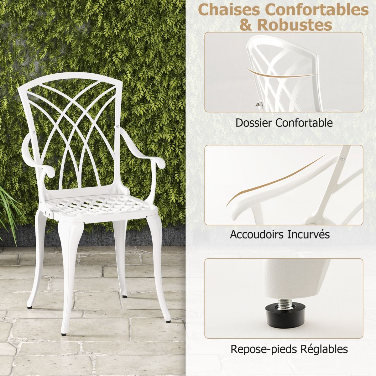 5 Pcs Cast Aluminum Garden Furniture Parasol Hole Adjustable Footrest Round Table Set and 4 Chairs White -
