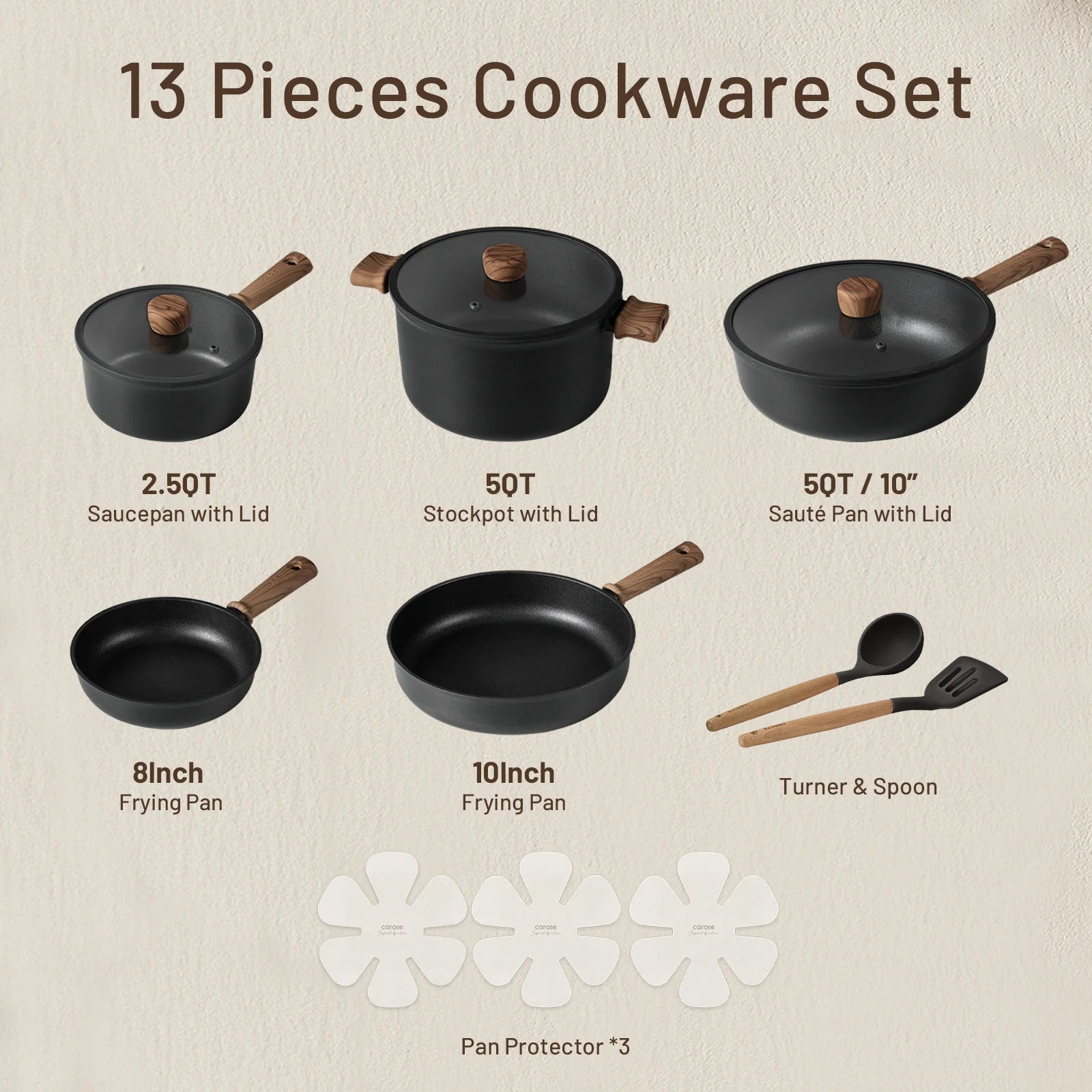 Carote 13 - Pcs Nonstick Cookware Sets, Pots and Pans with Stay - Cool Handles, Induction Compatible Kitchen Set, (Black)