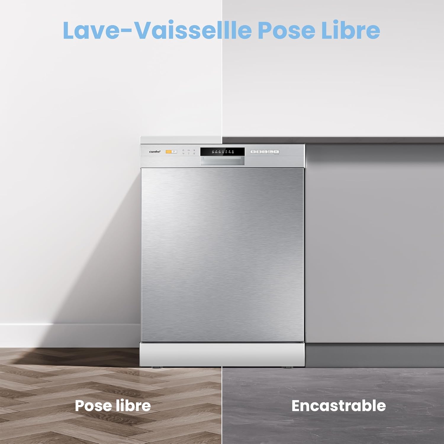 COMFEE' CDWPF1201PS Freestanding Dishwasher, 60 cm, 12 place settings, delayed start, half load function, flexible baskets - Stainless Steel, 49 dB, Button Control