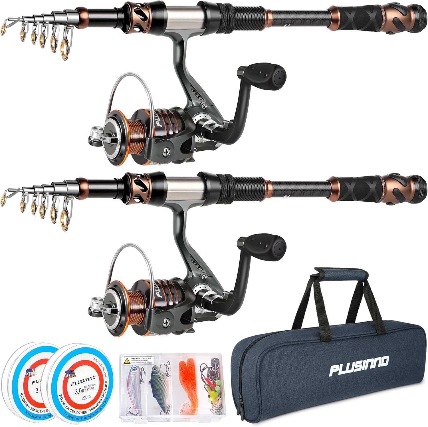 PLUSINNO Fishing Rod and Reel Combo – Carbon Fiber Telescopic Fishing Rod – Spinning Reel 12+1 Stainless Steel BB Shielded Bearings