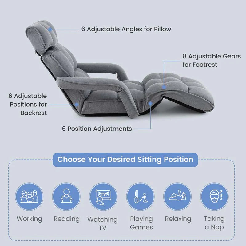 6-Position Adjustable Floor Sofa Bed, Folding Lazy Sofa Chaise Lounger Recliner with Armrests & Footrests - Product image 8
