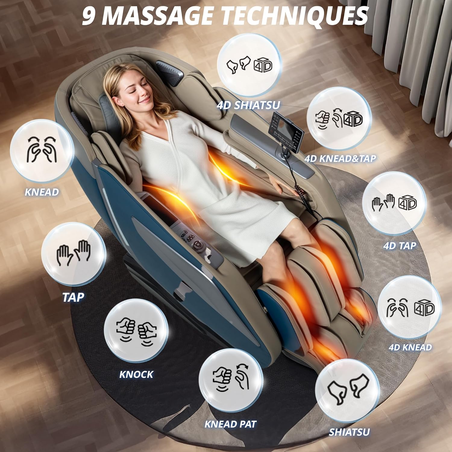 HealthRelife Full Body Massage Chair with Body Scanning 3D Robotic Hands Smart Shiatsu Massage Seat Cover with Voice Function Back Heating (Blue)