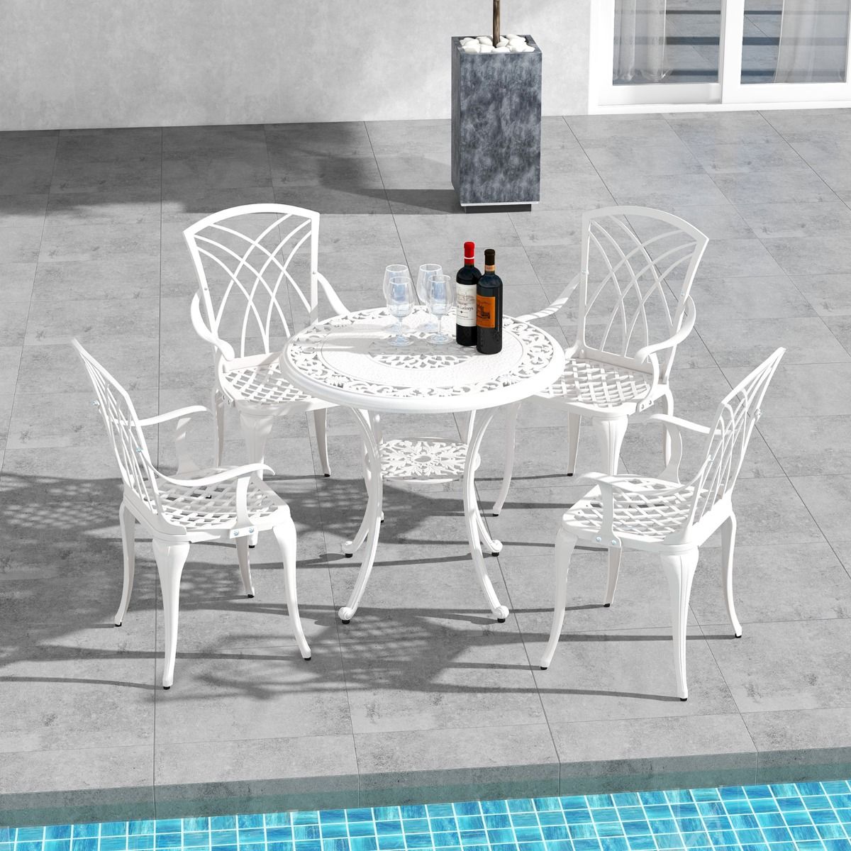 5 Pcs Cast Aluminum Garden Furniture Parasol Hole Adjustable Footrest Round Table Set and 4 Chairs White -