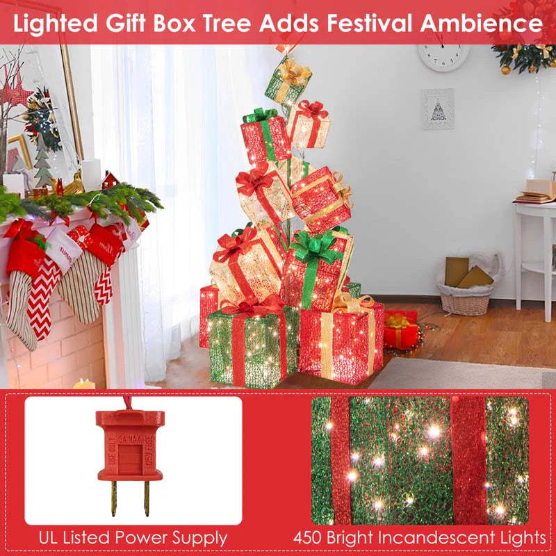 5.6FT Lighted Gift Box Tower, 15 Pre-Lit Stacked Boxes with 450 Warm White Lights, Metal Base & Ribbons - Product image 6