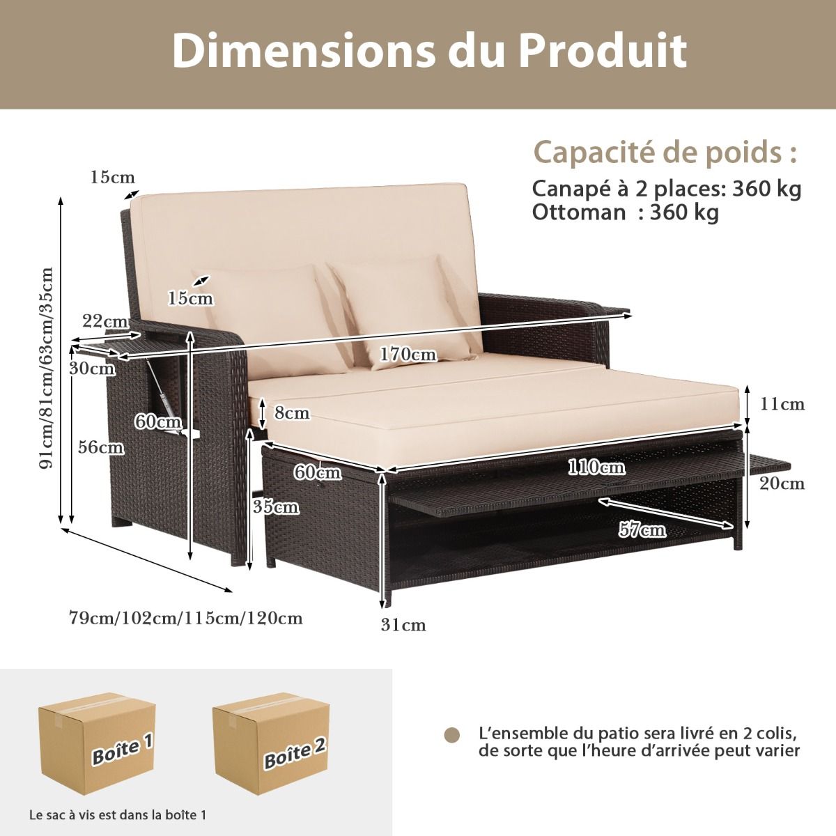 Adjustable Outdoor Garden Furniture with Bed, 2 Places with Hidden Storage, 4-Level Adjustable Backrest in PE Rattan -