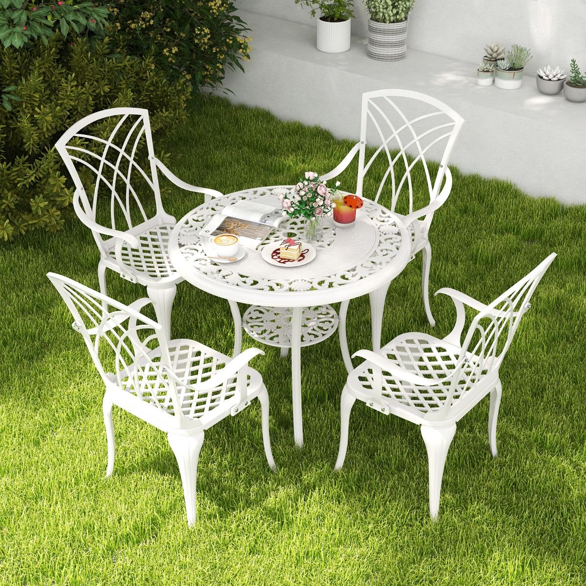 5 Pcs Cast Aluminum Garden Furniture Parasol Hole Adjustable Footrest Round Table Set and 4 Chairs White -