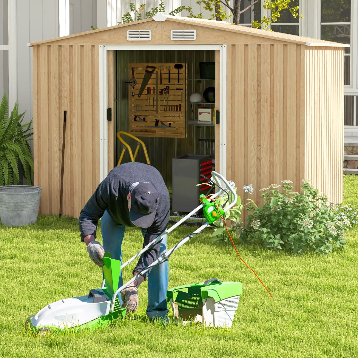 Storage Shed 259cm x196cm with Foundation Base Galvanized Metal Tool House with 4 Vents Waterproof and Windproof Natural -