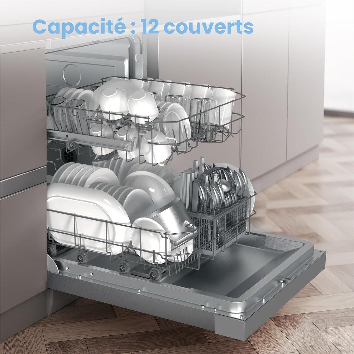 COMFEE' CDWPF1201PS Freestanding Dishwasher, 60 cm, 12 place settings, delayed start, half load function, flexible baskets - Stainless Steel, 49 dB, Button Control