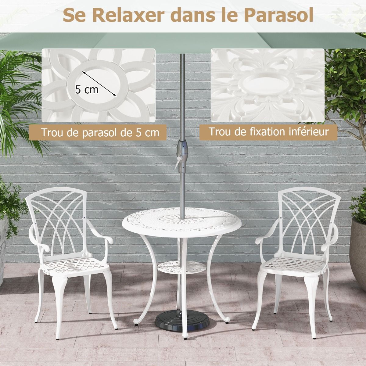 5 Pcs Cast Aluminum Garden Furniture Parasol Hole Adjustable Footrest Round Table Set and 4 Chairs White -