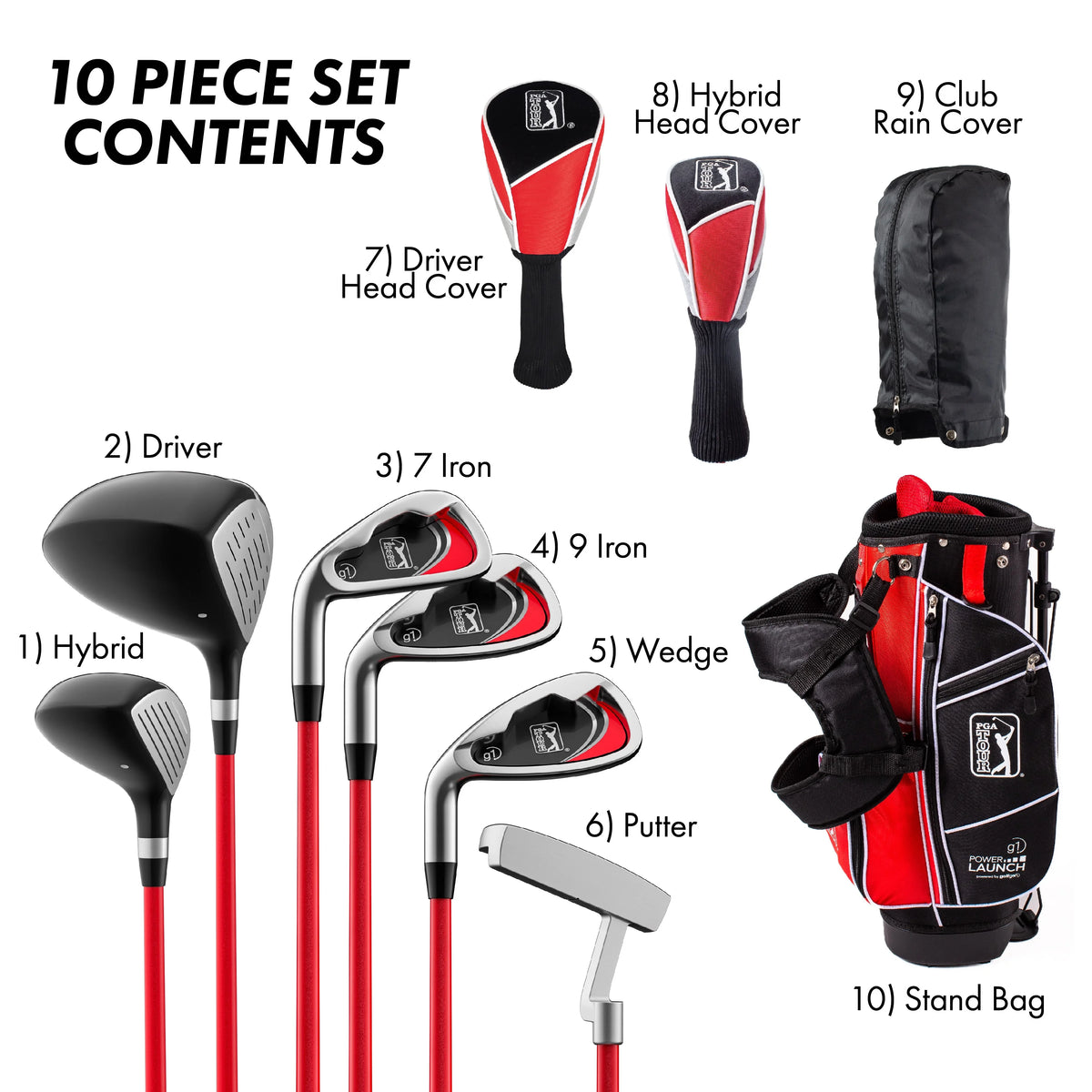 PGA Tour Right - Handed 10 Piece Kids Golf Club Stand Bag Set; Player Height 4'8 - 5'2", Ages 8 - 12
