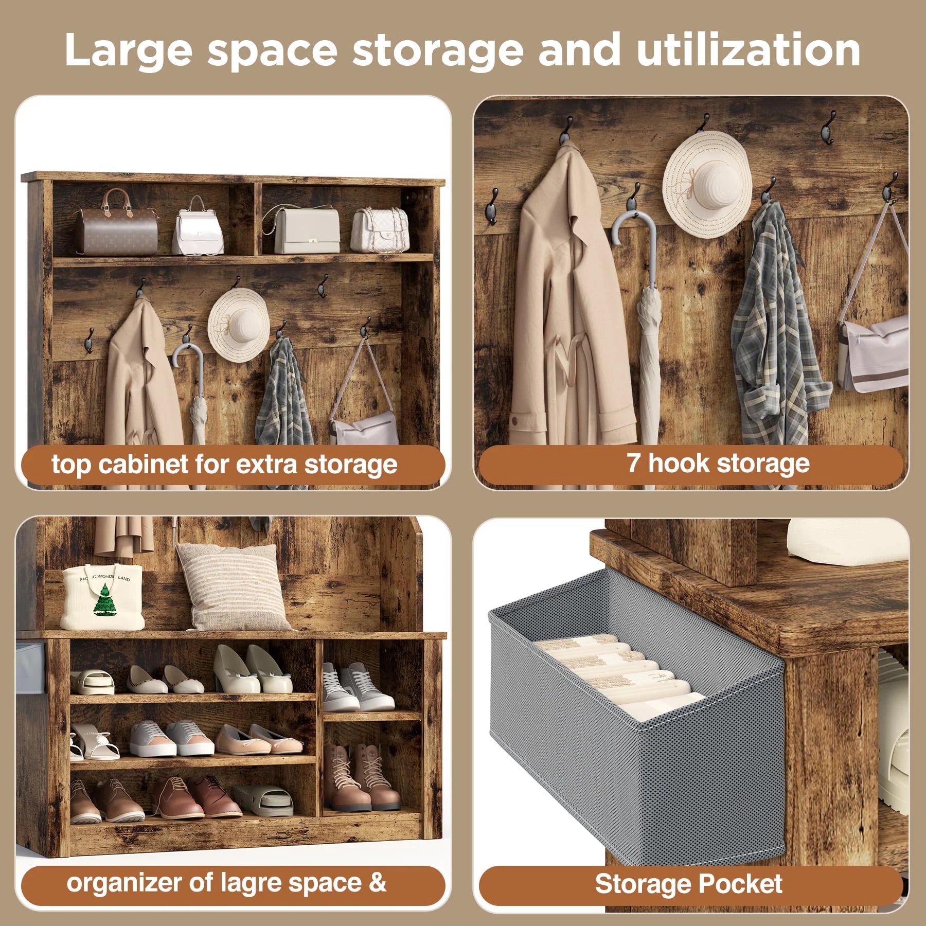 Lofka 5 - in - 1 Hall Tree with Bench and Shoe Storage, Entryway Hall Tree with Coat Rack - Product image 11