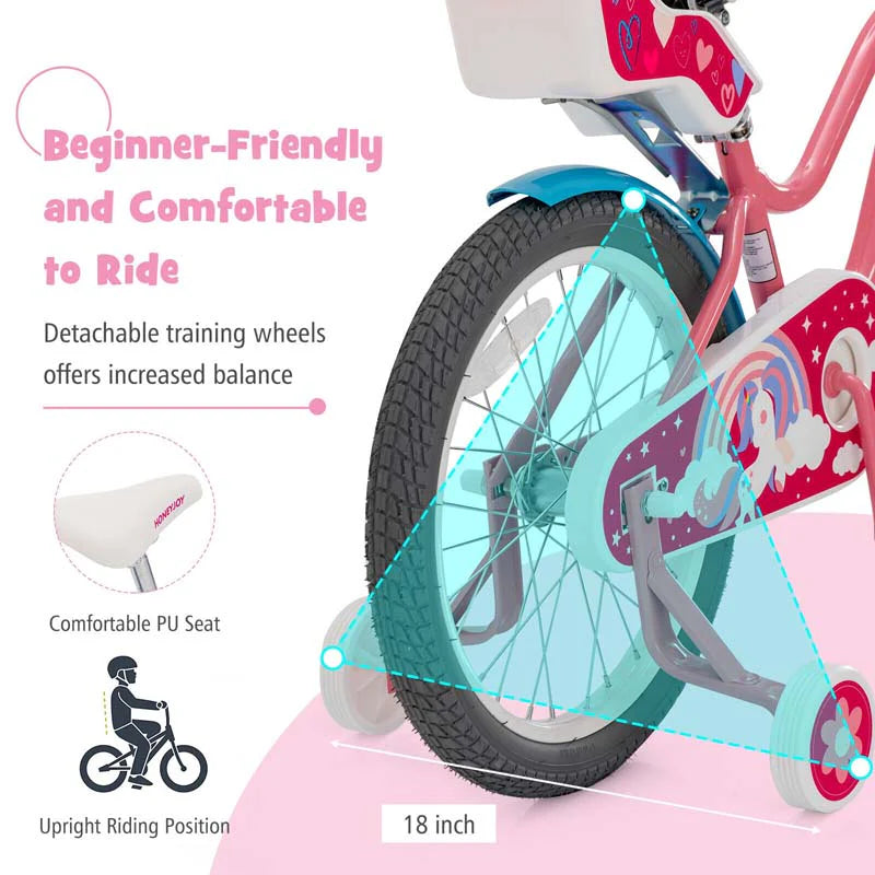 14"/18" Kids Bicycle with Removable Training Wheels, Coaster Brake, Handbrake, Basket & Doll Chair - Product image 8