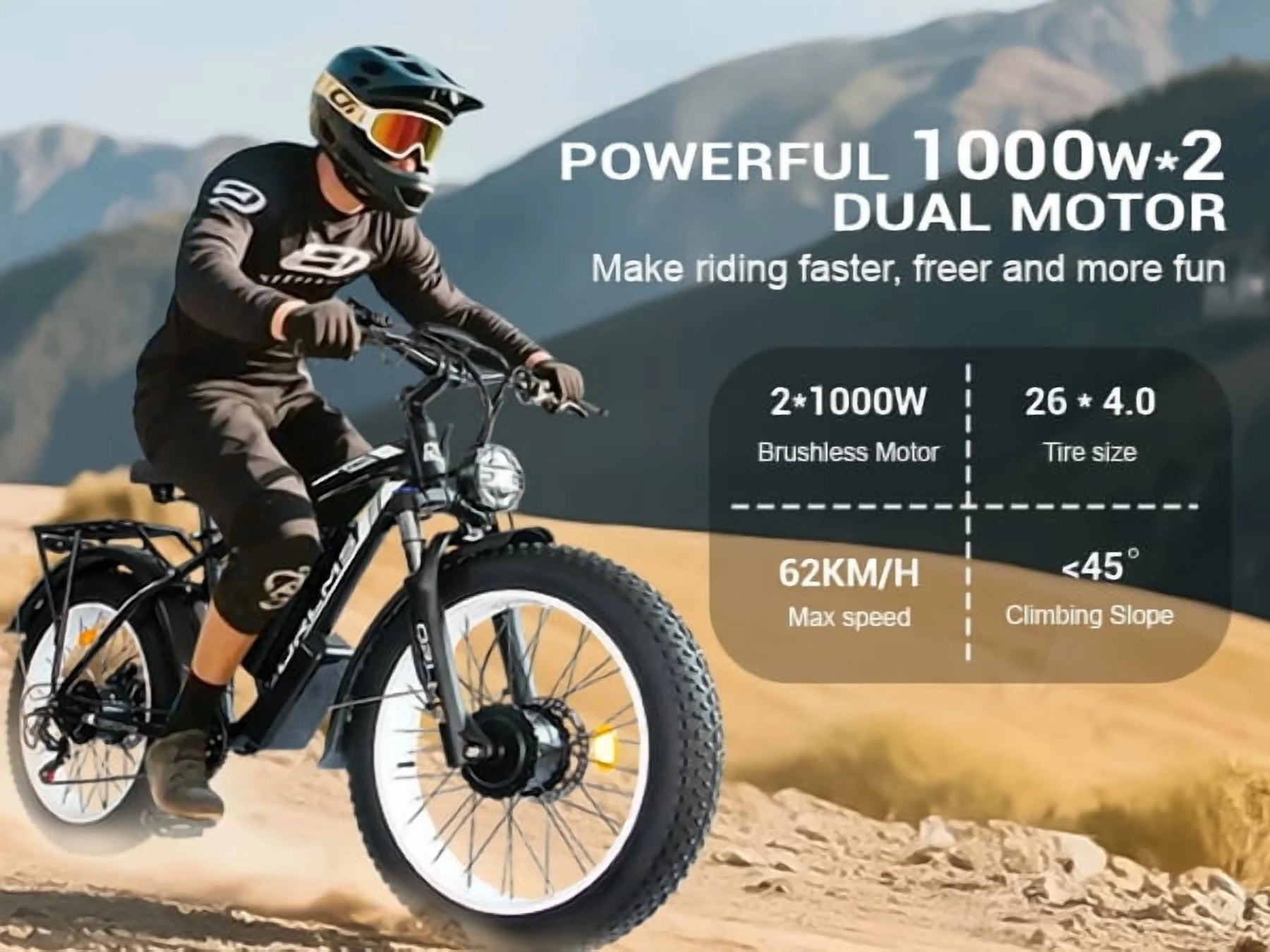 5000w Peak Dual Motor Electric Bike, 26" Fat Tire Shimano 21 Speed 45 MPH Commuter Mtb - Product image 4