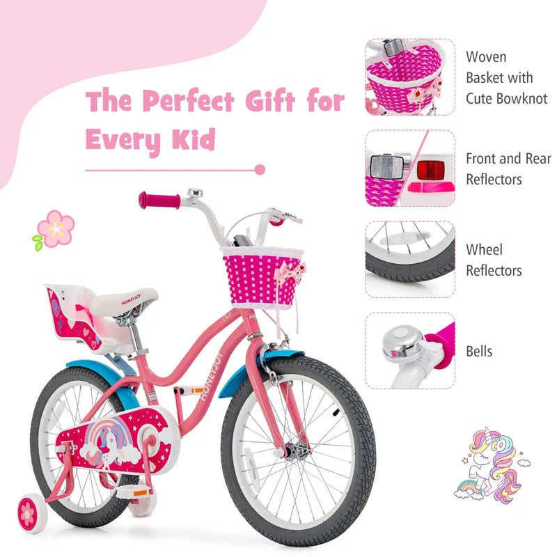 14"/18" Kids Bicycle with Removable Training Wheels, Coaster Brake, Handbrake, Basket & Doll Chair - Product image 13
