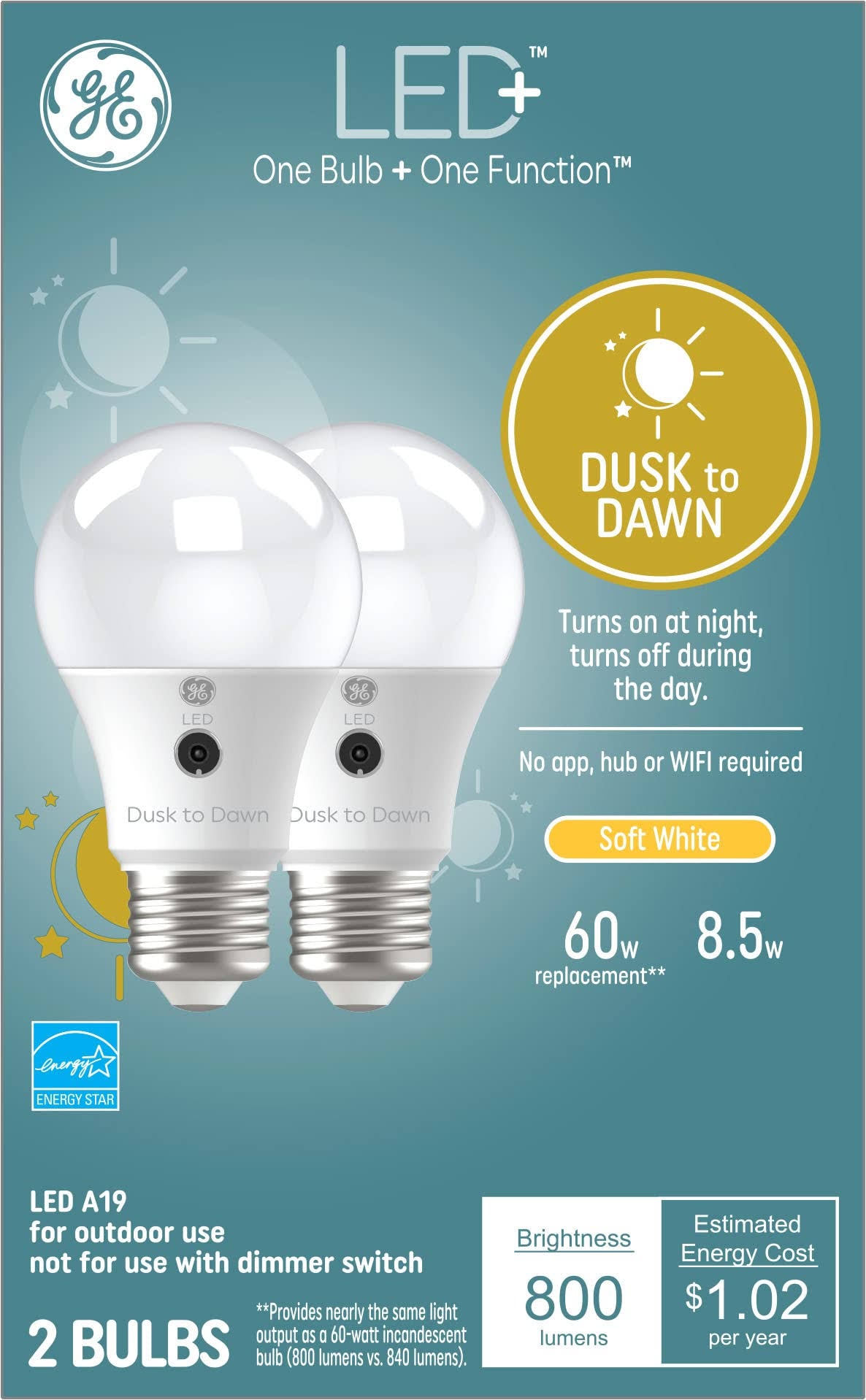 GE LED+ Dusk to Dawn LED Light Bulbs, Automatic On/Off Outdoor A19 Bulbs, Soft White (2 Pack) - Product image 1