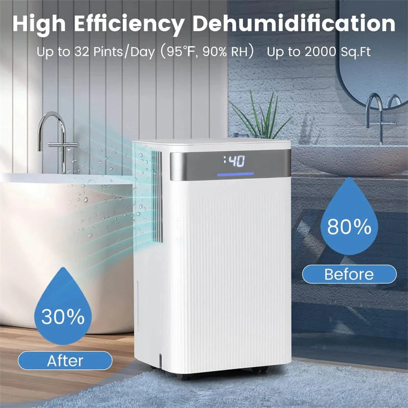 32 Pints 2000 Sq.ft Basement Dehumidifier with Drain Hose, 24H Timer & 3-Color Indicator - Product image 2