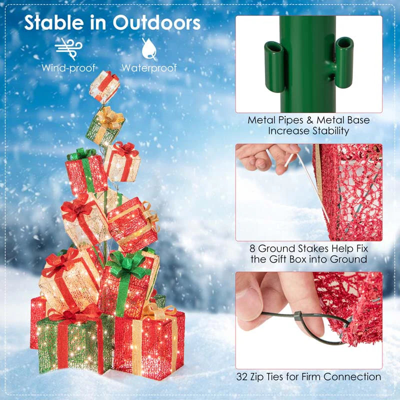 5.6FT Lighted Gift Box Tower, 15 Pre-Lit Stacked Boxes with 450 Warm White Lights, Metal Base & Ribbons - Product image 8