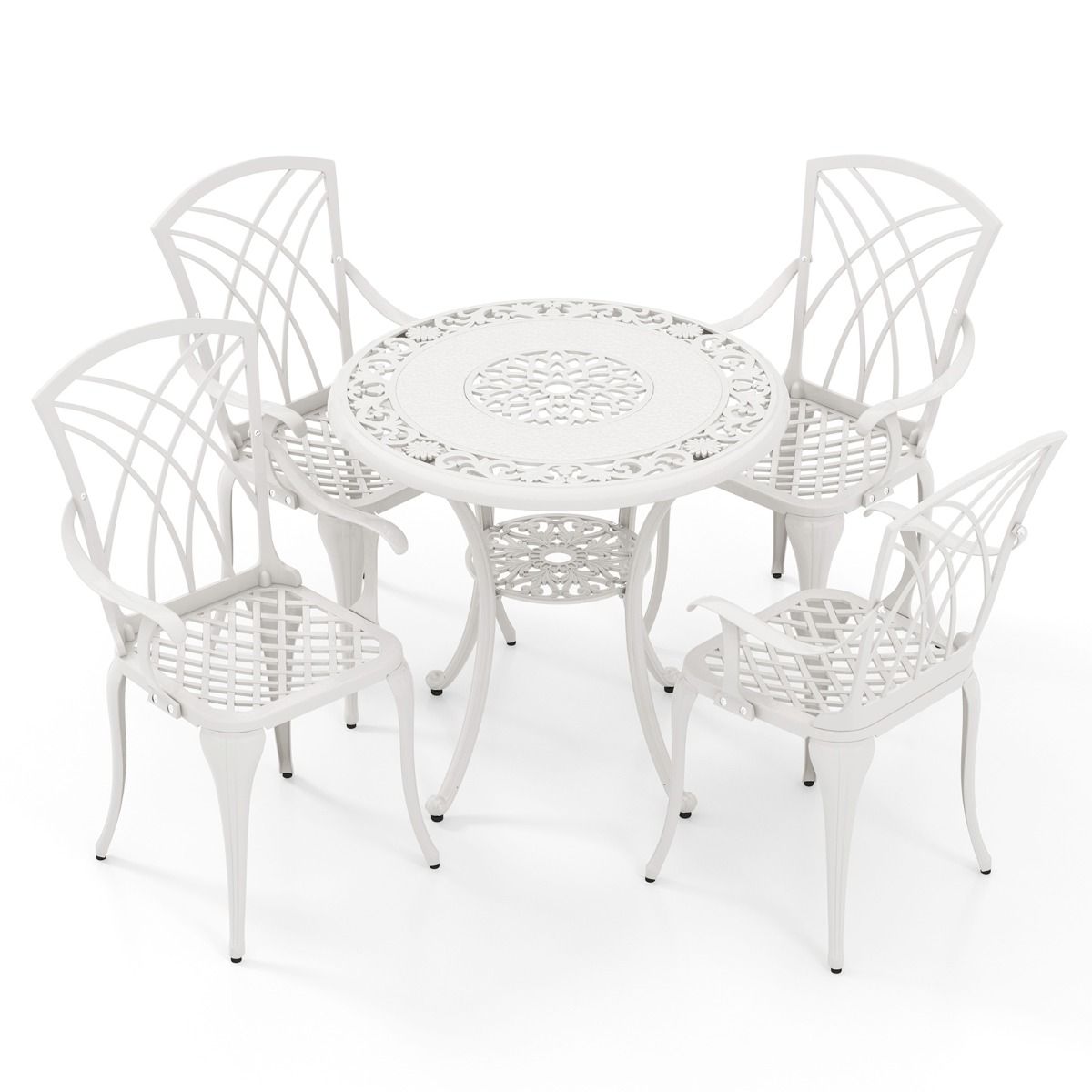 5 Pcs Cast Aluminum Garden Furniture Parasol Hole Adjustable Footrest Round Table Set and 4 Chairs White -