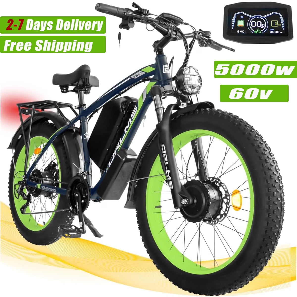 5000w Peak Dual Motor Electric Bike, 26" Fat Tire Shimano 21 Speed 45 MPH Commuter Mtb - Product image 1