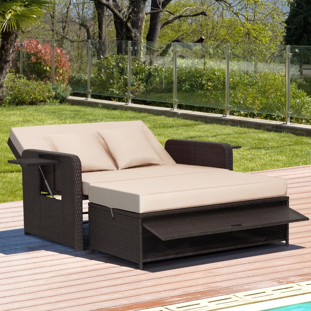 Adjustable Outdoor Garden Furniture with Bed, 2 Places with Hidden Storage, 4-Level Adjustable Backrest in PE Rattan -