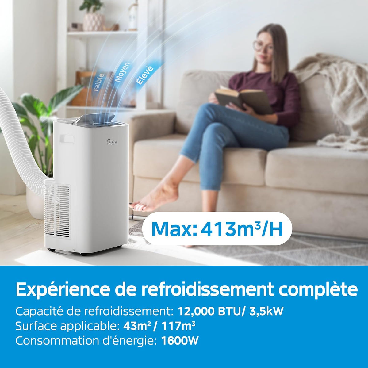MIDEA Quiet Mobile Air Conditioner 12000 BTU with Exhaust - Ready to Install Portable Air Conditioning 3500W - Mobile Split Reversible Air Conditioner - 4 Modes with Window Kit and App Control