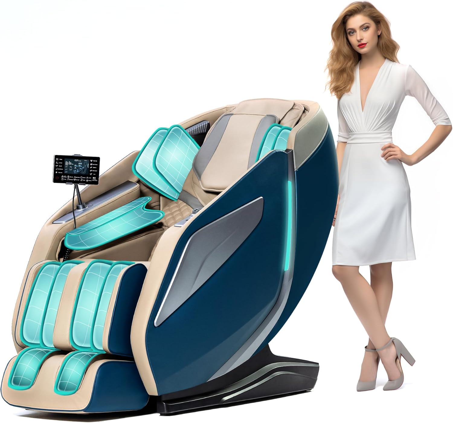 HealthRelife Full Body Massage Chair with Body Scanning 3D Robotic Hands Smart Shiatsu Massage Seat Cover with Voice Function Back Heating (Blue)