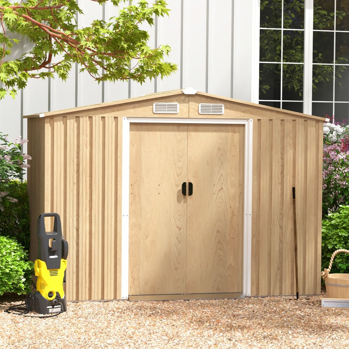Storage Shed 259cm x196cm with Foundation Base Galvanized Metal Tool House with 4 Vents Waterproof and Windproof Natural -