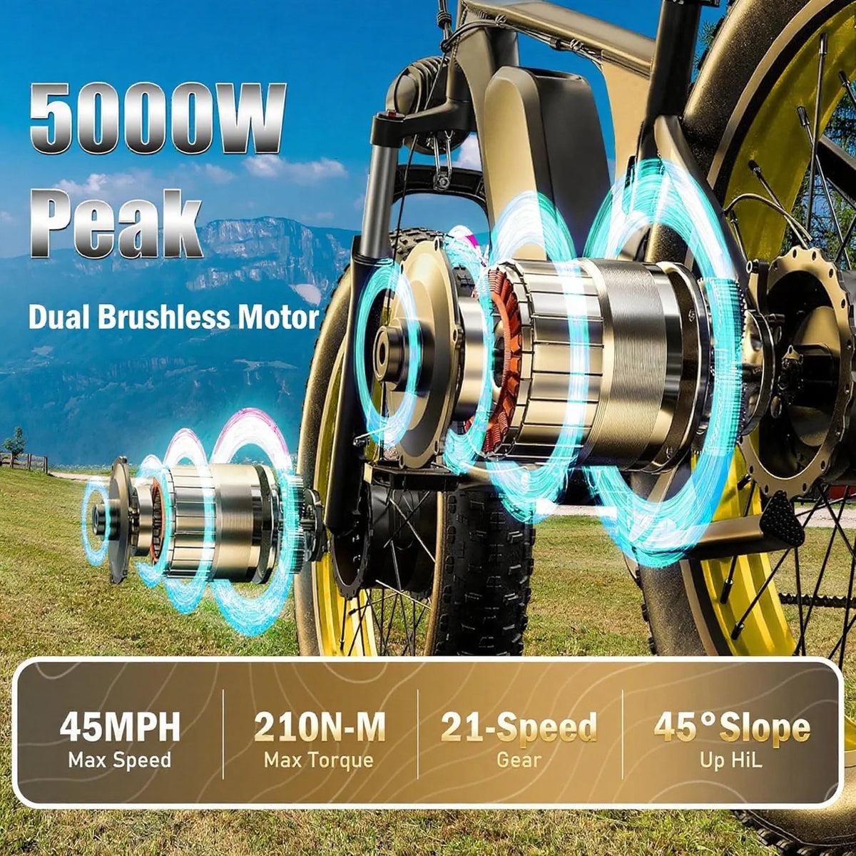 5000w Peak Dual Motor Electric Bike, 26" Fat Tire Shimano 21 Speed 45 MPH Commuter Mtb - Product image 16