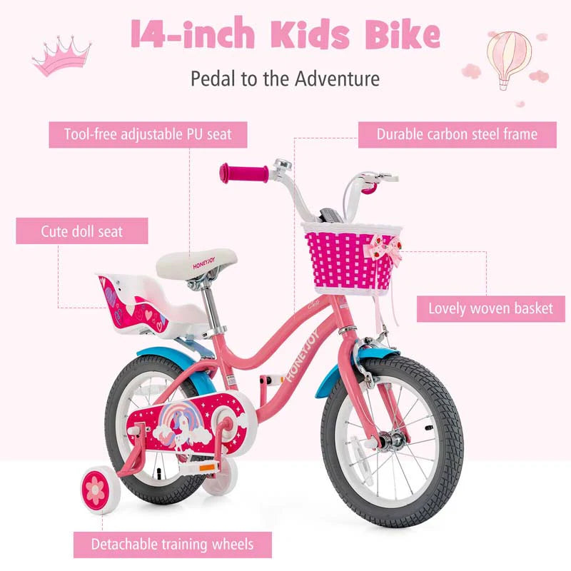14"/18" Kids Bicycle with Removable Training Wheels, Coaster Brake, Handbrake, Basket & Doll Chair - Product image 3