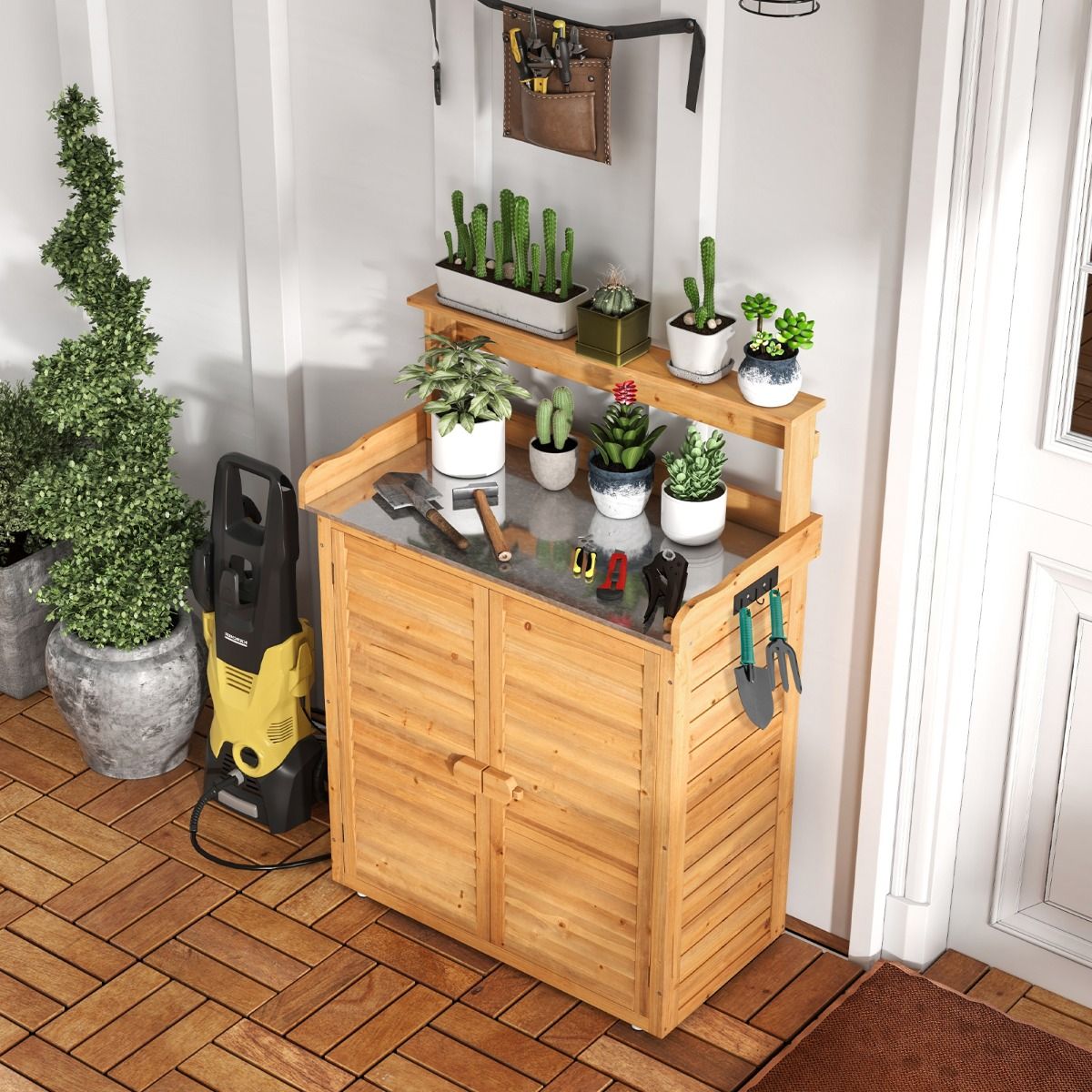 Outdoor Potting Bench Gardening Table with Galvanized Metal Counter 3 Hanging Hooks Removable Shelves Natural -
