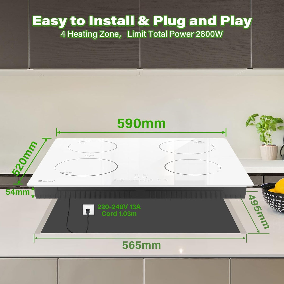 GIONIEN 4 Burner Induction Hob 60cm White, 16Amp Built-in Induction Hob, Integrated Electric Cooktop with Deck Area, Hob, 2800W