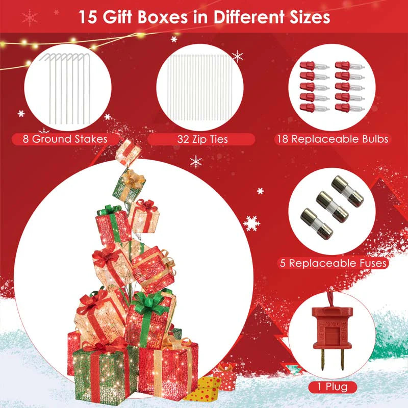 5.6FT Lighted Gift Box Tower, 15 Pre-Lit Stacked Boxes with 450 Warm White Lights, Metal Base & Ribbons - Product image 9