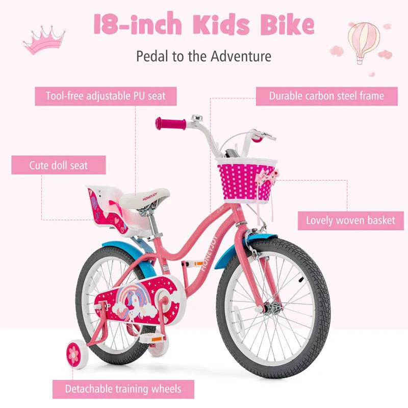 14"/18" Kids Bicycle with Removable Training Wheels, Coaster Brake, Handbrake, Basket & Doll Chair - Product image 14