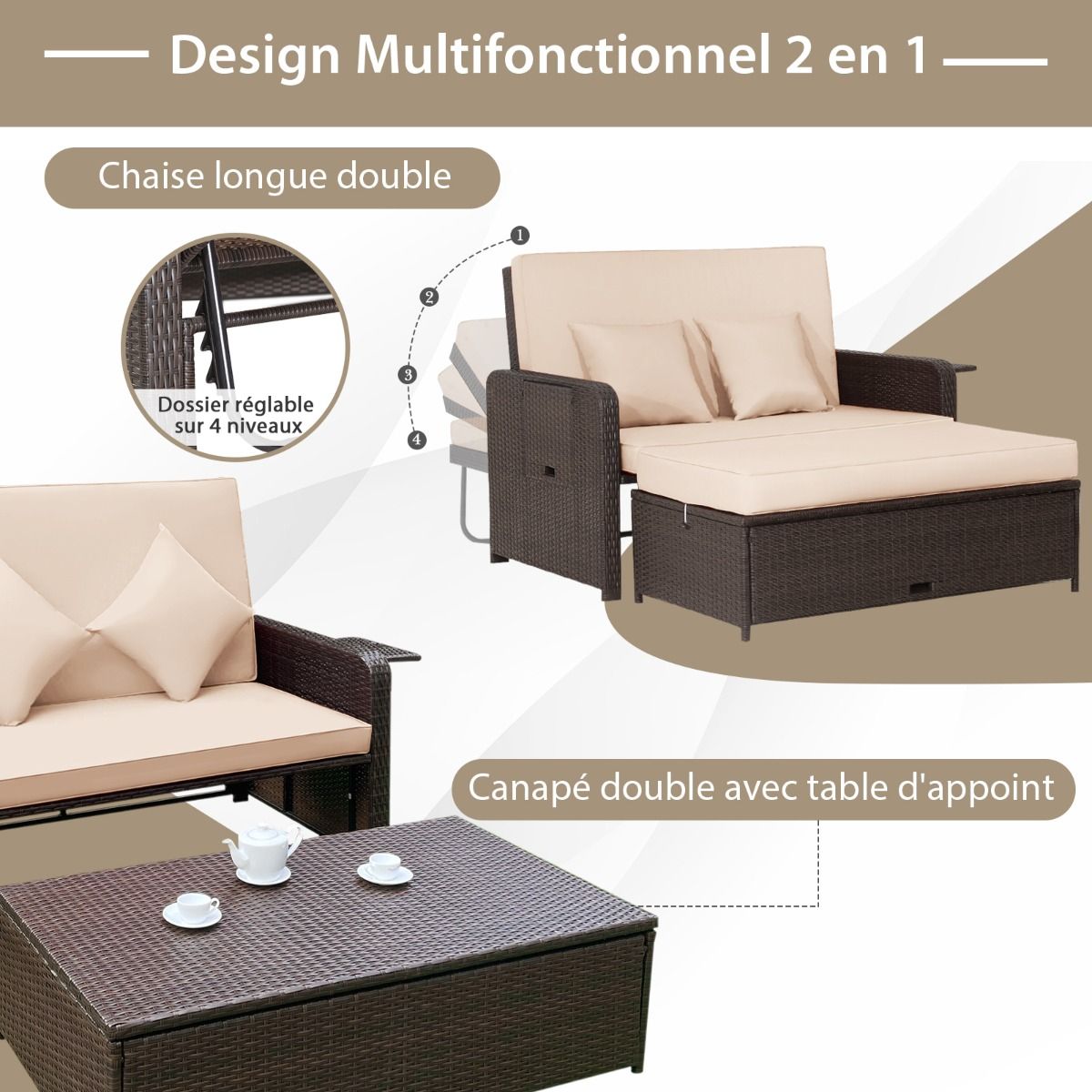 Adjustable Outdoor Garden Furniture with Bed, 2 Places with Hidden Storage, 4-Level Adjustable Backrest in PE Rattan -