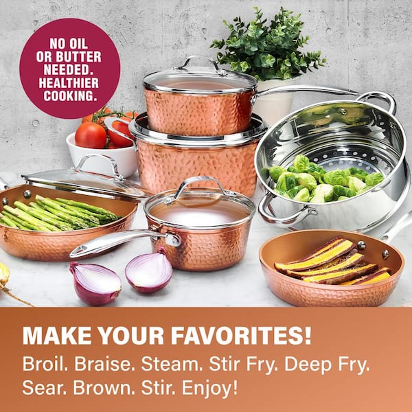 Hammered Copper 10-Piece Aluminum Non-Stick Cookware Set with Glass Lids - Product image 5